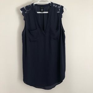 Torrid navy sleeveless blouse with lace shoulder